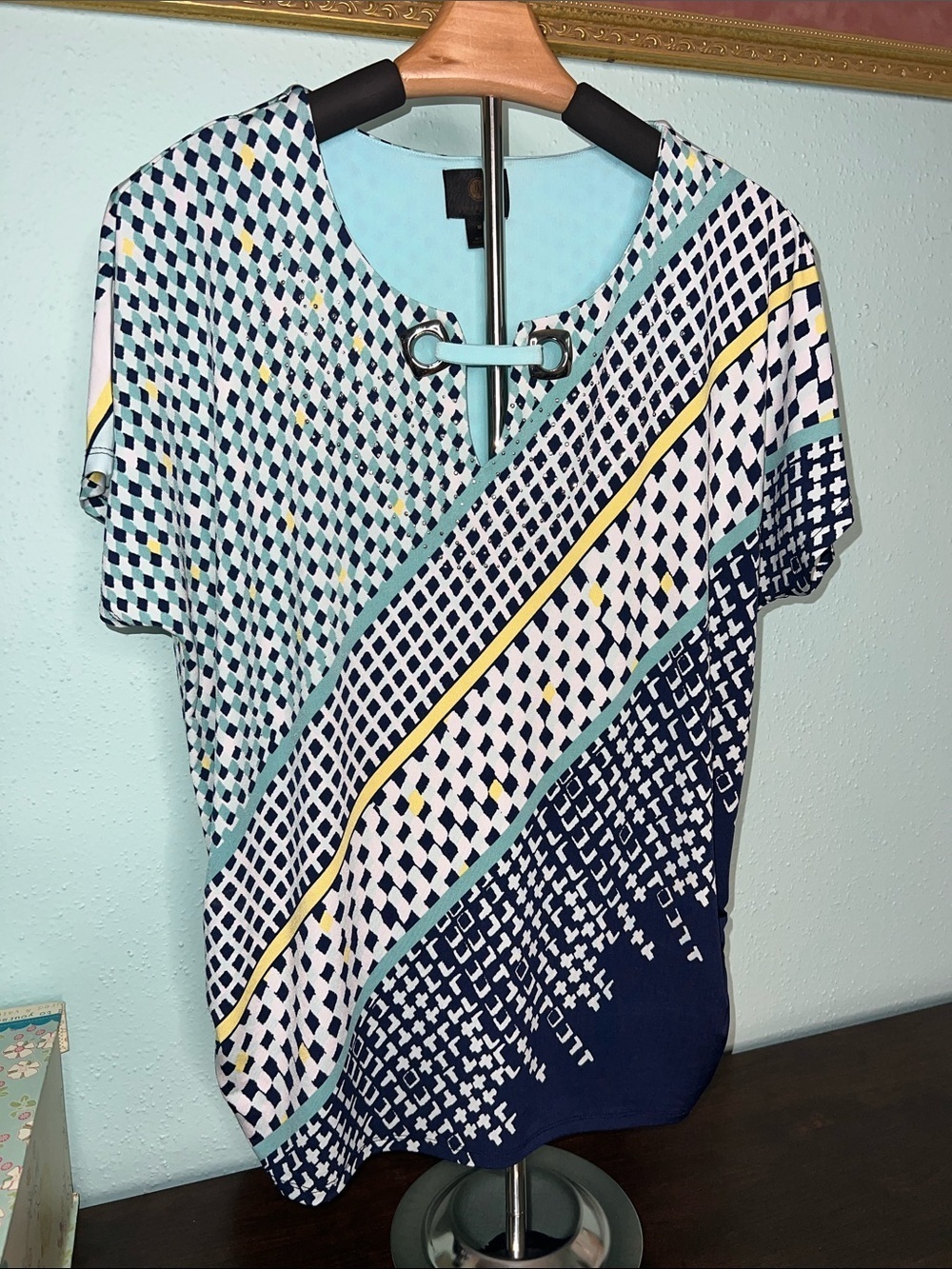 JM Collection Navy, White & Mint Geo-Print Short Sleeve Top